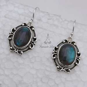 925 Sterling <b>Silver</b> <b>Dangle</b> <b>Earrings</b> with Natural Labradorite Oval Gemstone Handmade Boho Birthstone Jewelry Gold Material - Product Image 2