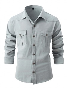 European size <b>denim</b> <b>shirt</b> <b>men's</b> casual solid color double pocket <b>men's</b> long sleeve washed elastic cotton fashion new business - Product Image 5