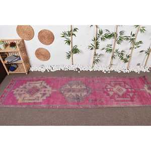 Turkish Vintage <b>Rug</b>, 2.9x10.4 ft Herki <b>Rug</b>, Pink <b>Runner</b> Check <b>Rug</b> - Product Image 3