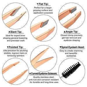 ชุดแหนบตกแต่งคิ้ว 6 ชิ้น สีโรสโกลด์ พร้อมแหนบปลายเฉียงสแตนเลส 4 ชิ้น สำหรับถอนขน ตกแต่งเส้นขน และกรรไกรตัดแต่ง - Product Image 3