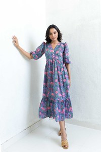 Motif ethnique nœud détail Empire robe mi-longue femmes coton bleu cloche robe à plusieurs niveaux A-ligne Kurta/Kurti - Product Image 3