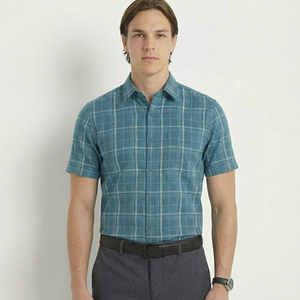 Chemise habillée pour homme personnalisée, rayée, en fil de bambou teint, coupe classique, manches courtes, style formel écologique - Product Image 1