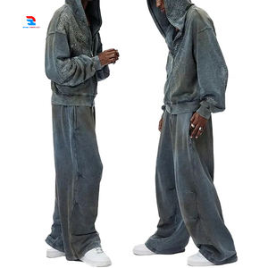 Survêtement à épaules tombantes en strass pour hommes Sweat à capuche respirant à fermeture éclair surdimensionné avec lavage à l'acide Pantalon de survêtement pour hommes - Product Image 1