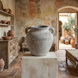 Vase en céramique artisanale rustique gris Curales avec poignée, pot décoratif de table, urne 25x26cm, vente en gros - Product Image 5