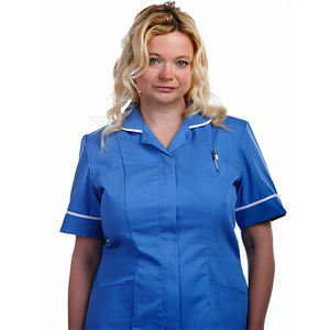 Uniforme de hospital personalizado para mujer al por mayor juego de exfoliante de higos de enfermería cuello vuelto con tubería blanca túnica de enfermera sanitaria - Product Image 2