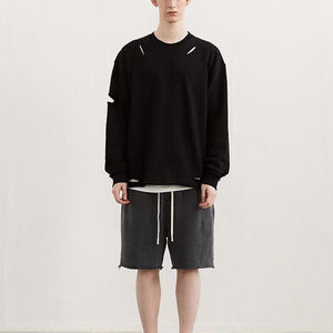 100% coton surdimensionné goutte épaule déchiré vintage lavage streetwear col rond français éponge blanc en détresse sweat à capuche - Product Image 4