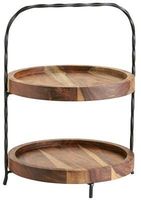Plateau à dessert de luxe à 2 niveaux avec accents en métal doré, support de service en bois au design de feuille pour mariages et décoration intérieure