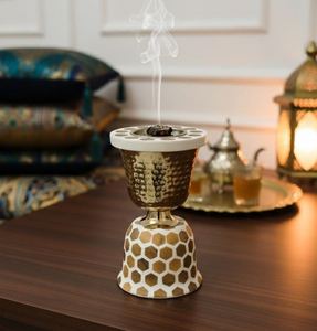 Modern Honeycomb Mop Inlay Bakhoor Burner Gold <b>Hammered</b> Metal Incense <b>Holder</b> Arabic Design Luxury Tabletop Decor For Middle East - Product Image 1