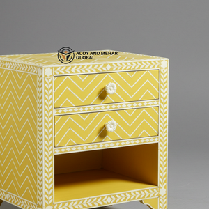 Mesita de noche hecha a mano con incrustaciones de hueso amarillo, patrón de vid Floral, mesa auxiliar de tres cajones - Product Image 5