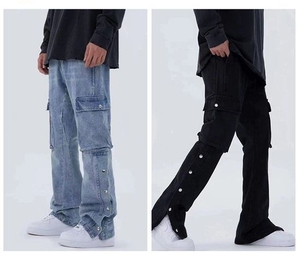 Pantalones vaqueros lavados con botonadura de calle alta para hombre de tendencia Retro americana Europea pantalones de pierna recta de Hip Hop multibolsa suelta ancha al por mayor - Product Image 3