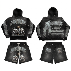 430 GSM Heavyweight French Terry Faded Black Panel Hoodie <b>Short</b> Set <b>Patch</b> Embroidery Hoodie <b>Short</b> Set <b>men's</b> - Product Image 4