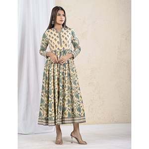 Vestido Largo de Algodón Estampado Verde Crema con Cuello Mandarín, Transpirable y Casual para Club, Suministro ODM - Product Image 4
