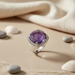 Amethyst Cocktail <b>Ring</b> in Sterling Silver with Bezel Setting Classic Geometric Style Unisex Everyday Wear Wedding - Product Image 3