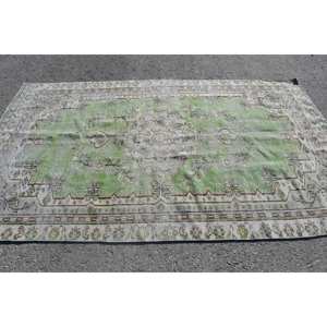 Alfombra turca vintage de 5,3x9,4 pies, Alfombra de lana de tejido plano verde y blanco con respaldo de látex para decoración de sala de estar - Product Image 3