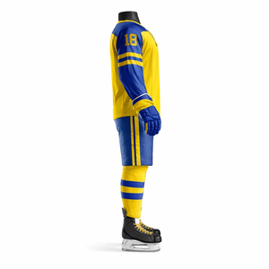 Tenue de hockey sur glace personnalisée jaune et bleue, ensemble maillot et short sublimés, vêtements d'équipe pour adultes, fabricant OEM ODM - Product Image 5
