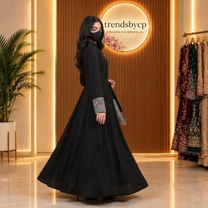 Luxury Designer <b>Black</b> Velvet Modest Abaya <b>Kaftan</b> Dress | Premium Micro-Velvet Long Maxis Solid Embroidered Cuffs | Trendsbycp - Product Image 3