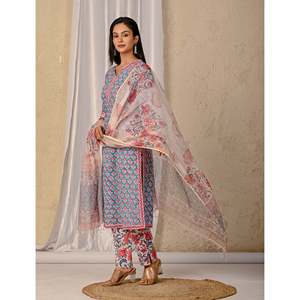 Blue Ethnic Indian Anarkali Kurta Pant Set Butta <b>Block</b> <b>Printed</b> Cotton with Embroidery Work Silk Net Material for Party Wear - Product Image 6