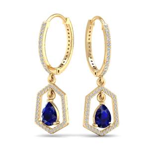 Boucles d'oreilles créoles REYES personnalisées en or 14 carats plaqué rhodium, saphir bleu taille poire 1,5 carat avec diamants pour femme - Product Image 6