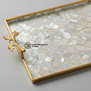 Le fournisseur indien propose un plateau de service rectangulaire en mosaïque de nacre de luxe-blanc/irisé, poignées en feuille d'or - Product Image 6
