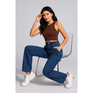 กางเกงยีนส์เอวสูงสีน้ำเงินเข้มสำหรับผู้หญิง OSCA INTERNATIONAL ผ้าฝ้าย 100% แต่งขอบ 6 กระเป๋า ผ้าสเตรช ระบายอากาศได้ดี - Product Image 5