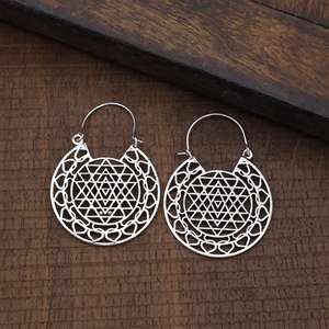Sri Yantra Geometric <b>Solid</b> <b>Silver</b> Hoop Earring 925 Sterling <b>Silver</b> Bohemian Indian Wholesale Jewelry For Women - Product Image 2