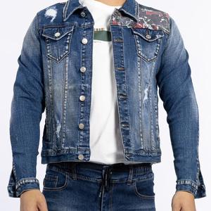 เสื้อแจ็กเก็ตแขนยาวสำหรับผู้ชายแบบสั่งทำปักลายผ้ายีนส์สีน้ำเงินคอตั้งลายการ์ตูนวัสดุผ้าใบเจาะรู - Product Image 1