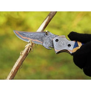 Cuchillo de bolsillo plegable de acero damasco, mango de madera personalizable, multifuncional, OEM, compatible con caza, Camping, uso al por mayor - Product Image 5