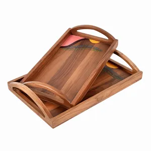 Ensemble de 2 plateaux de service en bois d'acacia en bois de gros - Product Image 1