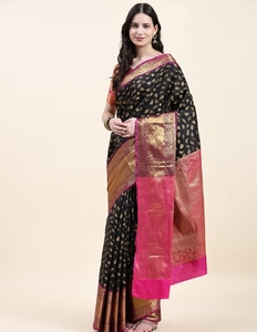 Sari en soie artisanale Banarasi noir traditionnel pour femmes KV, avec un design tissé, pour les occasions de fête, avec un chemisier non cousu - Product Image 6