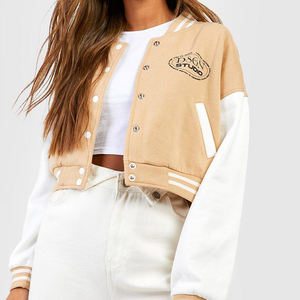 Chaqueta de cuero con letras de colores en contraste para mujer, logotipo transpirable bordado, manga larga, estilo béisbol, diseño de retazos, lana - Product Image 6