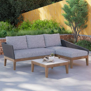 Ensemble de canapé en teck massif en forme de L pour l'extérieur avec un design latéral tissé et des coussins confortables pour patio, terrasse, villa - Product Image 5