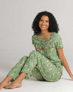 Ropa de dormir de verano para mujer con logotipo personalizado OEM, conjunto de pijama de Cintura elástica de tejido de punto suave transpirable, estampados florales vibrantes completos - Product Image 4