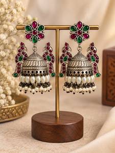 Flower Shape Chandelier <b>Earrings</b> for Women | Red Green Zircon & <b>Pearl</b> | Vintage Antique <b>Silver</b> Plated Wedding Jewellery - Product Image 1