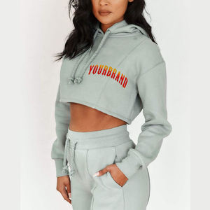 Ensemble de sweat-shirts à capuche pour femmes d'hiver avec logo personnalisé |   Ensemble de survêtement deux pièces OEM |   Crop top en polaire et pantalon de jogging avec logo frontal, vente en gros - Product Image 6