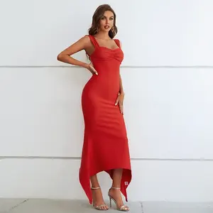 Vestido de Gala Rojo Satinado Elegante de Primera Calidad, Estilo Bodycon, Largo hasta el Suelo, con Cintura Natural Plisada, Ideal para Fiestas - Product Image 4