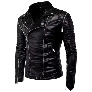 Men's High Quality PU Leather Stand Collar Motorcycle Jacket Winter Casual Zipper <b>Cardigan</b> Plain Dyed Non woven Slim - Product Image 4