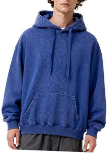 เสื้อฮู้ดดี้สีน้ำเงินซีดสไตล์วินเทจ ล้างสีแบบเรโทร มีกระเป๋าจิงโจ้และเชือกผูก ผลิตจากผ้าฝรั่งเศสเทอร์รี่เนื้อหนัก ทรงโอเวอร์ไซส์สำหรับผู้ชาย - Product Image 2