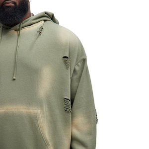 Sudadera con Capucha de Hombre, Estilo Vintage, Holgada, de Felpa Francesa, con Hombros Caídos, Manga Larga, Verde, Lavado Desgastado - Product Image 3