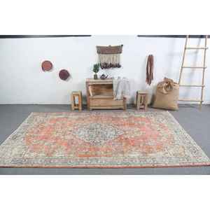 Tapis turc vintage 5,3x9 pieds, grand tapis, tapis en laine camouflage orange et bleu - Product Image 3