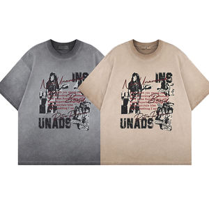 Custom <b>Silk</b> <b>Screen</b> Printed 100% Cotton V-neck Oversized T-Shirt Light Wash Drop Shoulder Custom Logo Distressed Thick Collar - Product Image 1