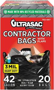 Sacs poubelles industriels Ultrasac 42 gallons, très résistants, pour entrepreneurs, 3 mil, noirs, 32,75 x 44,5 pouces, lot de 20 avec attaches à rabat - Product Image 6