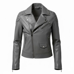 Veste de moto en cuir gris avec ferrures argentées personnalisées, vente en gros en vrac, prix d'usine, style motard authentique, mode féminine - Product Image 2