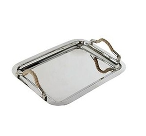 Plateau de service en acier inoxydable de qualité supérieure avec poignée en corde à vendre Design attrayant argent brillant poli - Product Image 1