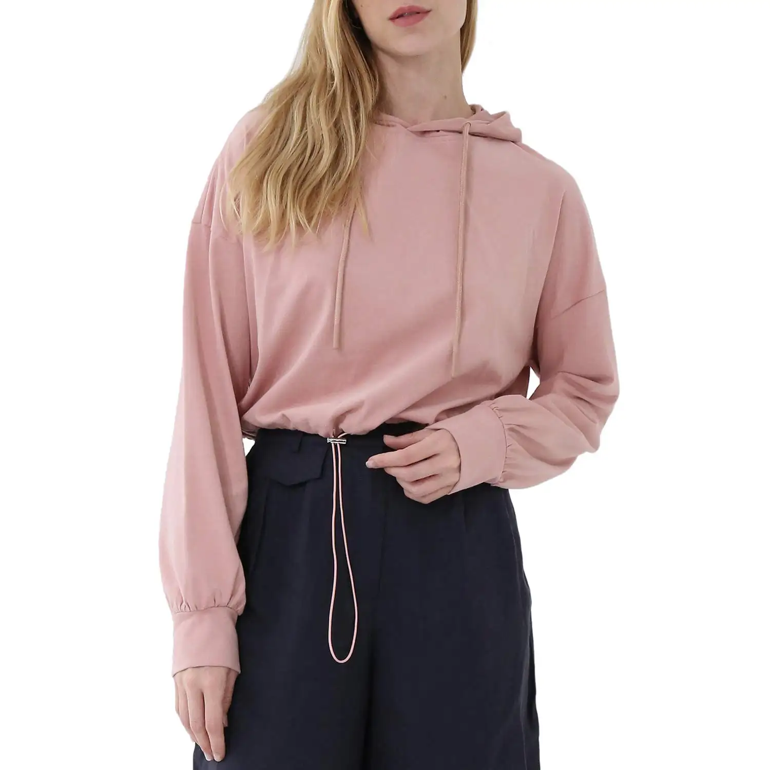 Sweatshirt Women's Crop Top Hoodie Drawstring Pullover Lady's Long Sleeve Loose Cropped Tops with adjustable elastic drawstring