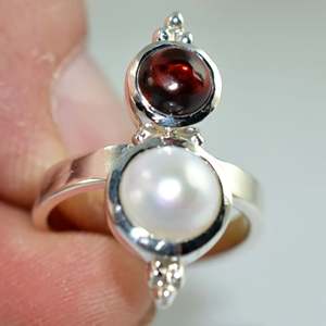 925 Sterling <b>Silver</b> Handmade <b>Ring</b> with Freshwater Pearl and <b>Garnet</b> Boho June Birthstone Jewelry Perfect Gift for Her Birthday - Product Image 4
