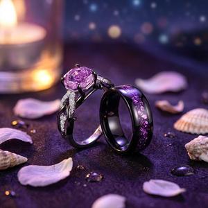 Jeulia Forest Black Purple Stone <b>Couple</b> Wedding <b>Ring</b> Set - Product Image 4