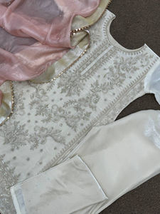 Heavy Designer Pure Silk Heavy Embroidery and Riveted Moti Work <b>Kurti</b> and Pant With Fancy Latkan Lace Border Dupatta - Product Image 3