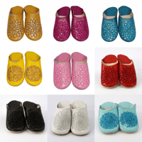 Mules d'intérieur en cuir marocain rouges à paillettes, broderie florale perlée, bout rond, à enfiler, vente en gros