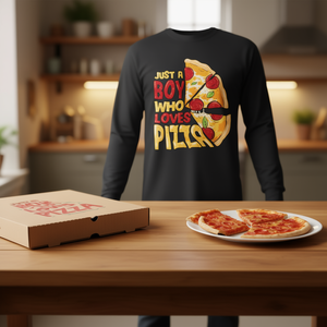 T-shirt promotionnel à manches longues Just a Boy pour les amateurs de pizza, disponible en grandes tailles avec graphiques brodés - Product Image 2