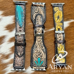 Handmade Custom Design Western Floral <b>Tooled</b> & Painted Leather Beautiful Turquoise <b>Flare</b> Watch Band Genuine Leather Watch Straps - Product Image 1
